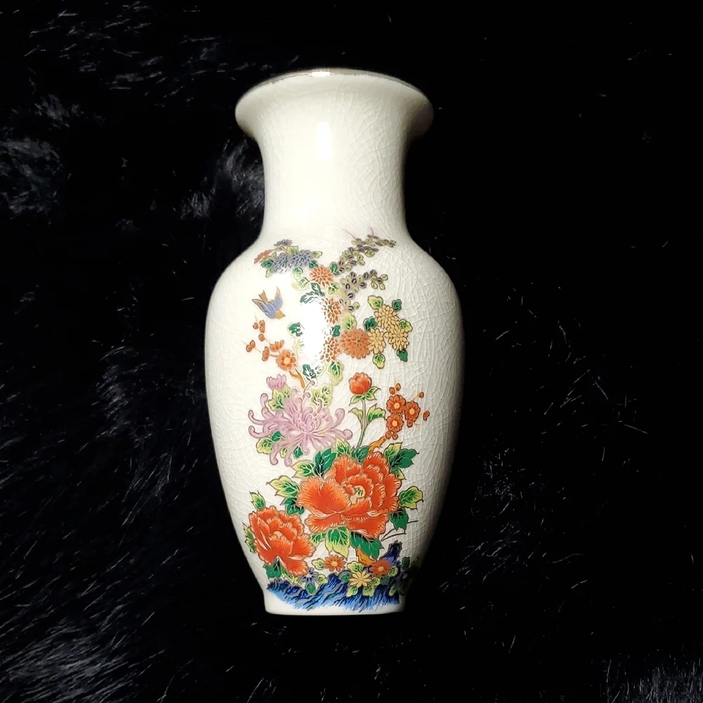 Floral Ceramic Vase with Crackle Glaze